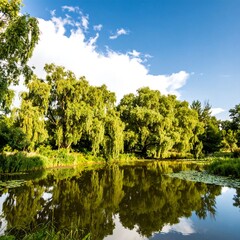 Serene pond landscape with lush trees