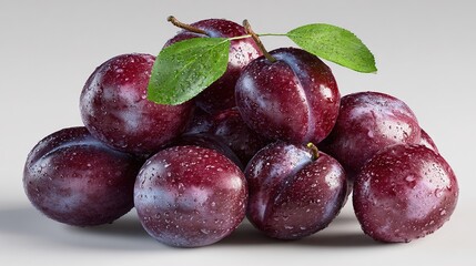 Obraz premium A cluster of plump, deep red-purple plums, glistening with water droplets, rests on a light gray surface. Fresh green leaves are positioned atop the fruit