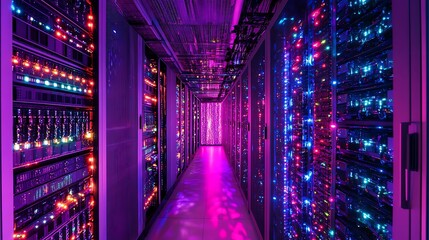 A server rack inside a data center with blinking lights, showcasing the hardware