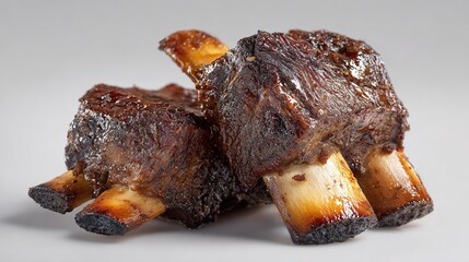 Three flavorful, caramelized short ribs, glistening with a dark brown glaze, sit atop each other, showcasing the exposed bone ends