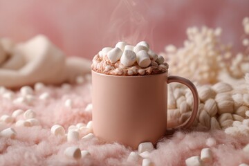 pastel beige mug of hot chocolate with mocha mousse background, topped with marshmallows, cozy Christmas concept