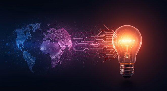 Lightbulb glows with world map background representing global ideas and innovation.