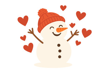 Happy snowman in knitted hat with hearts. Cute cartoon character full of love and joy. Winter holiday design element for Christmas, New Year, or St. Valentine's Day card.