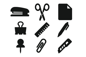Office supplies icon set. Stationery silhouette collection. Simple flat vector icons of stapler, scissors, paper, document, binder clip, ruler, pen, pushpin, paperclip, cutter.