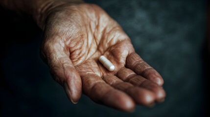 Fototapeta premium Close up of an elderly person s wrinkled hand holding a single white capsule symbolizing healthcare and the aging process