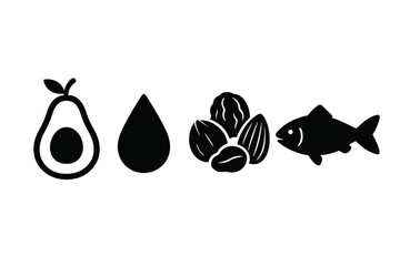 Healthy fats food icon set. Silhouette vector symbols of avocado, oil drop, nuts, and fish. Nutrition, diet, omega 3, and ketogenic food sources. Healthy eating concept.