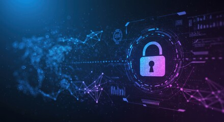 Padlock icon on a digital background with abstract network connections and glowing lights.