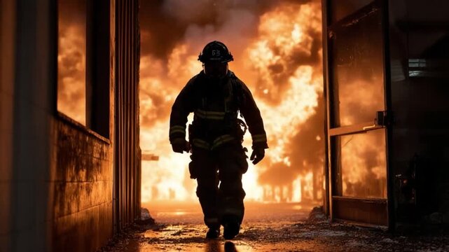 Bravery in the Flames: A lone firefighter, silhouetted against an inferno, fearlessly strides towards the heart of a raging fire, embodying courage and commitment in the face of danger.