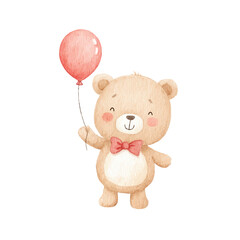 Adorable Watercolor Teddy Bear with Balloon Cute Cartoon Illustration 1.