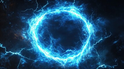 Fototapeta premium A vibrant blue energy ring surrounded by electrifying arcs against a dark background, creating a dynamic and futuristic visual effect.