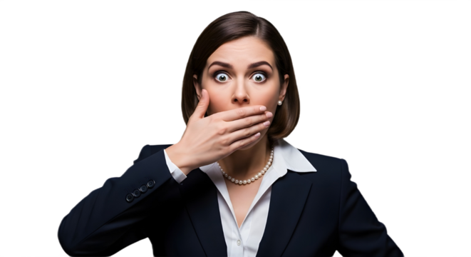 Surprised businesswoman covers her mouth with hand isolated PNG with Transparent Background