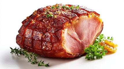 Roasted ham, sliced, garnished with herbs and a touch of glaze, presented on a white background