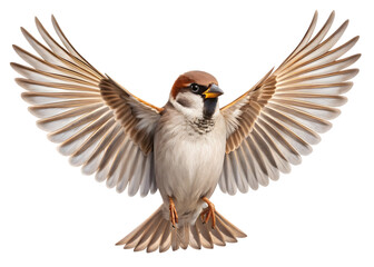 Fototapeta premium House sparrow in flight with wings spread wide isolated on transparent background