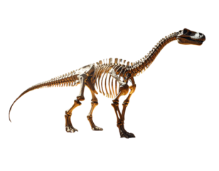 Massive Brachiosaurus Skeleton Museum Display with Spotlights Isolated on Transparent Background PNG