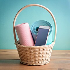 Basket holding yoga mats and phone