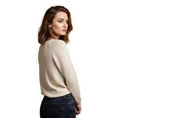 Fototapeta premium Young woman in casual beige sweater looking sideways, isolated on transparent background