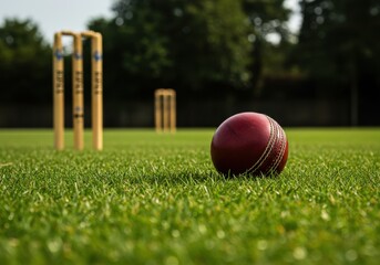 Cricket Ball and Wickets at Sunset