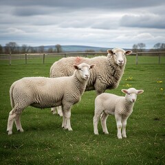 Obraz premium Three sheep, a mother and her lamb, stand in a grassy field under a cloudy sky.