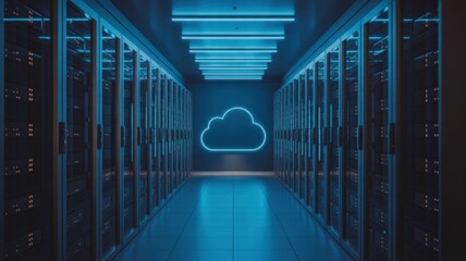Digital Realm Gateway: A neon cloud illuminates a server room, a striking visual representation of data storage and network. The image captures the essence of the cloud and its digital nature.