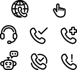 Diverse Communication Icons Representing Global Connection, Customer Support, and Problem Solving with Telephony, Helpdesk, and International Assistance Services Available