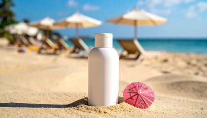 Beach Sunscreen Bottle on Sand.