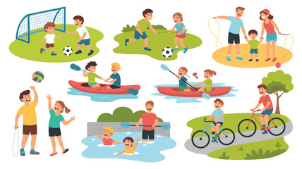 Fototapeta premium Children and adults engaged in various outdoor recreational activities sports family