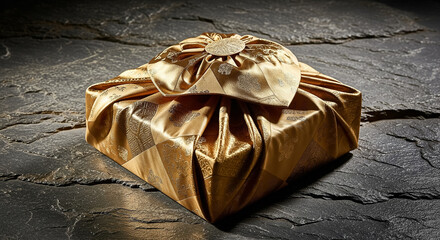 Golden Patterned Bojagi Wrapping on Stone Floor