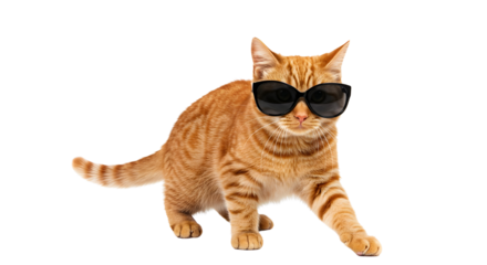 Ginger tabby cat wearing cool black sunglasses walking confidently forward isolated PNG with Transparent Background