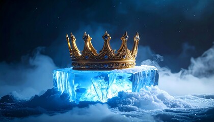 Golden crown on glowing ice block with mist