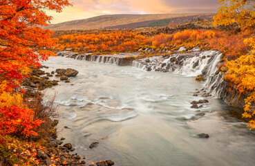 Beautiful cascading waterfalls flowing into a blue glacial river surrounded by colorful autumn forest in Iceland, showcasing breathtaking natural scenery and vibrant fall foliage landscape.