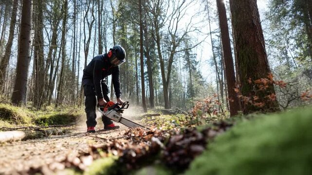 Forester in the Woods: A skilled forester meticulously operates a chainsaw, expertly navigating the verdant woodland as sunlight filters through the trees.