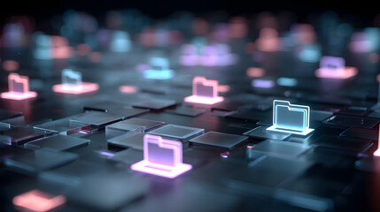 Abstract network grid with files and folders, futuristic software interface, digital document management system, store, search and organize documents, corporate business, paperless office