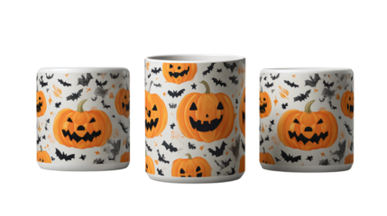 3D sublimation Halloween mug wrap with spooky pumpkin faces and bats, isolated on transparent background