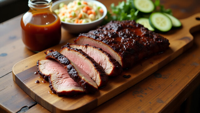 Sliced smoked meat platter, juicy texture, garnished with vegetables, served with sauce
- Powered by Adobe