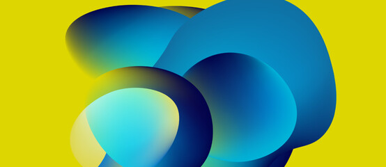 Abstract shapes overlap, creating vibrant blue gradients upon bright yellow background. Modern design, smooth transitions, simple composition.