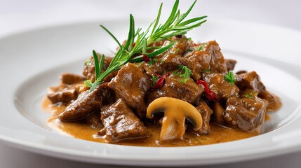 Beef stew with creamy sauce, mushrooms, and rosemary
