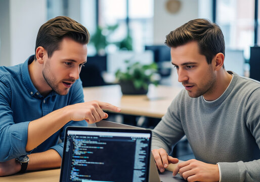 Two male software developers pair programming and reviewing code on a laptop.

