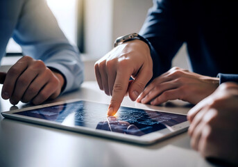 A close-up of business professionals collaborating around a tablet. One person points to a glowing, futuristic data interface on the screen