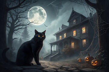Black cat guards spooky haunted mansion under full moon
