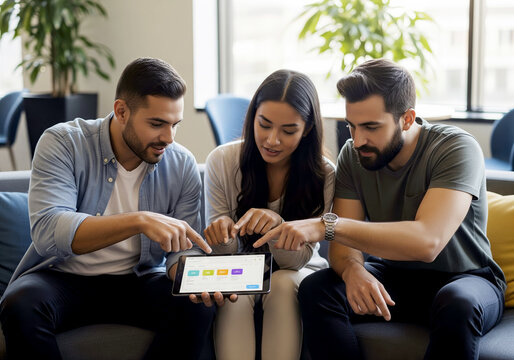 A diverse business team having an informal meeting and analyzing data on a tablet.

