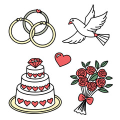 Collection of wedding symbols including rings a dove a cake hearts and a rose bouquet