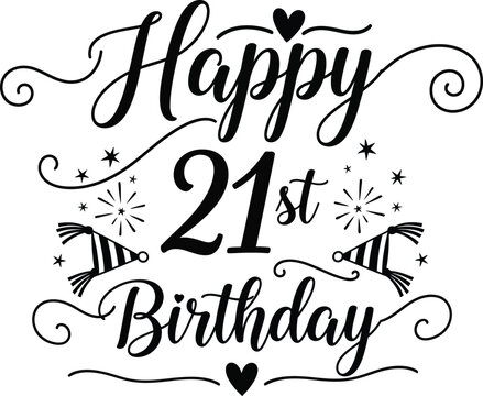 21st Birthday Celebration Design with Hats, Stars and Heart Elements on White