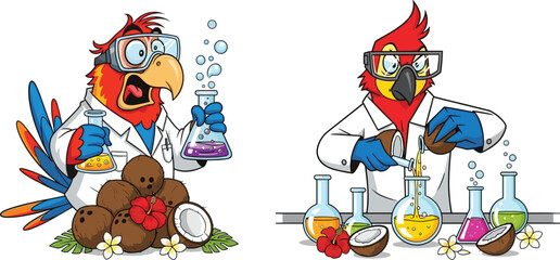 Cartoon parrots as scientists experimenting with colorful potions, tropical birds in laboratory coats mixing chemistry with coconuts, funny mascot illustration