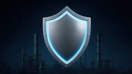 Fototapeta premium Metallic Shield with Glowing Edge Set Against Industrial Background, Representing Protection and Security in a Modern Digital Environment