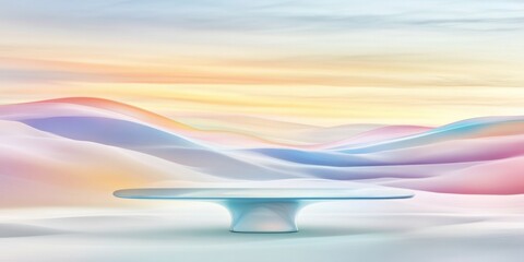 Futuristic minimalist table set against pastel abstract landscape with soft gradient colors, modern interior design inspiration, creative surface concept. Product presentation mockup