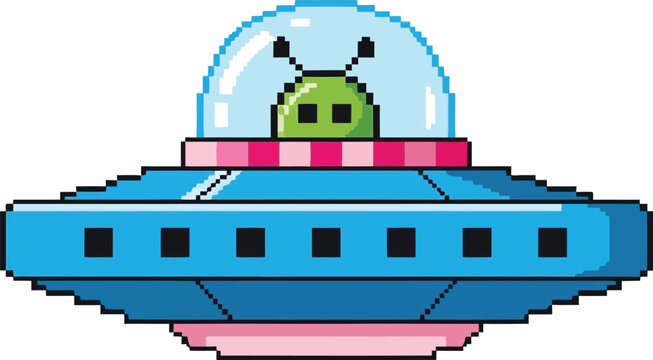 Pixel art alien spaceship flying in space with cute green extraterrestrial vector