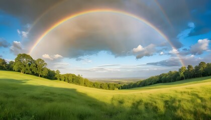 Naklejka premium Majestic Double Rainbow Arches Over Lush Green Meadow Landscape
