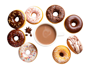  Rustic Coffeehouse Style Hot Chocolate and Donuts Flat Lay on Wooden Table, Isolated