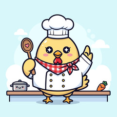 Cute cartoon chick chef holding spoon