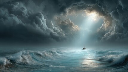 Fototapeta premium Lone boat sailing under storm clouds with sun rays